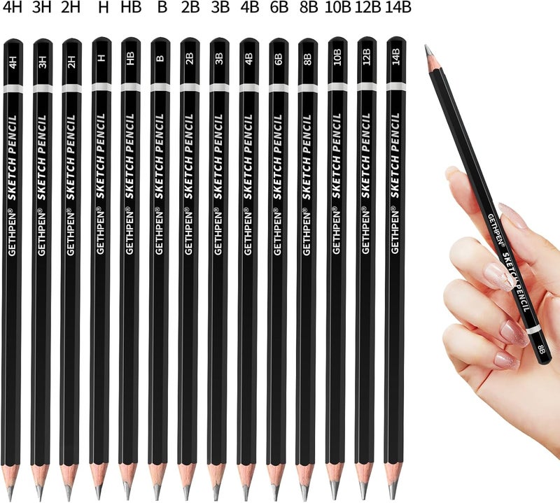 GETHPEN Professional Drawing Sketching Pencil Set - 14 Pieces Graphite Pencils(14B - 4H), Ideal for Drawing Art, Sketching, Shading, Artist Pencils for Beginners & Pro Artists - Image 2
